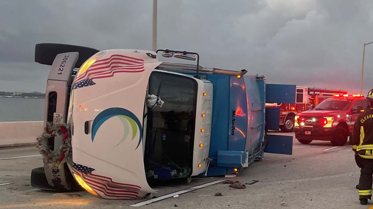 3 hospitalized after garbage truck overturns on Bayside Bridge in Clearwater: FHP
