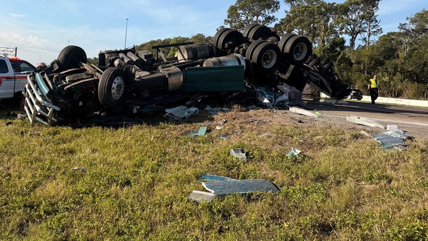 Semi-truck crash on I-75 in Manatee County blocking lanes, causing significant delays