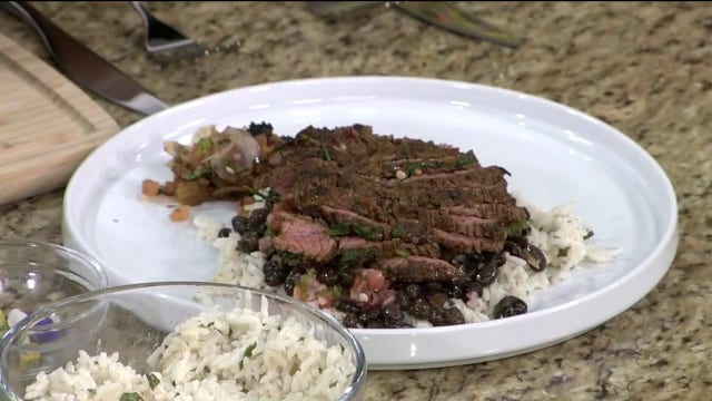 Carne asada recipe with coconut jasmine rice and black beans