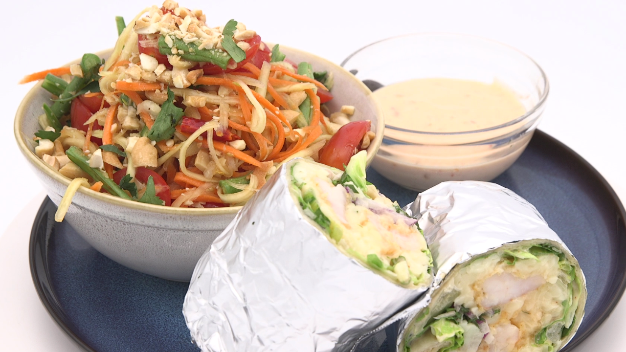 Bang Bang Shrimp Wrap & Som Tom (Thai Green Papaya Salad)