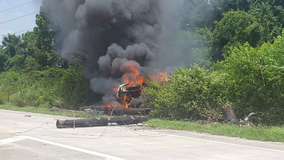 Hardy Toll Road wreck ignites fire, causes delays