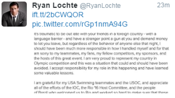 Ryan Lochte issues apology for behavior in Rio