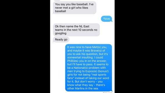 Female baseball fan destroys potential date in pun-filled text takedown