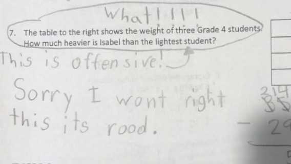 Fourth grader calls out math question comparing young girls' weights