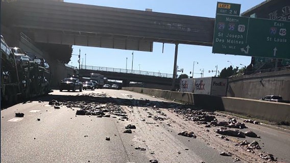 ‘Hold your noses': Big rig spills foul-smelling pig guts all over interstate