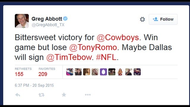 Governor Greg Abbott suggests Tim Tebow as next Cowboys QB