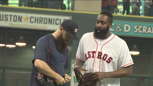 Harden throws ceremonial Astros first pitch