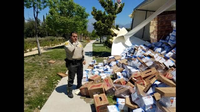 Truck spills beer all over sidewalk in Rancho Cucamonga