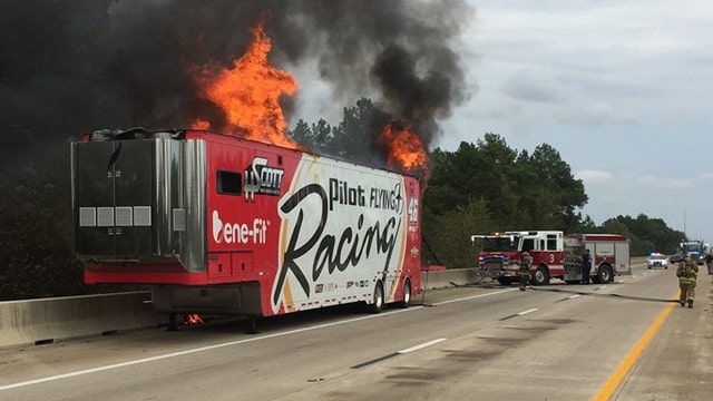 Michael Annett's No. 46 NASCAR stock car destroyed in fire