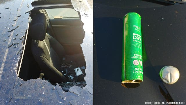 Dry shampoo explodes inside woman's car, shattering sunroof and cracking center console