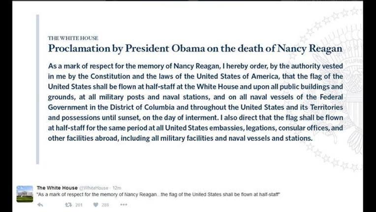 07a485a4-President Obama honors Nancy Reagan with flags drawn half-strike.