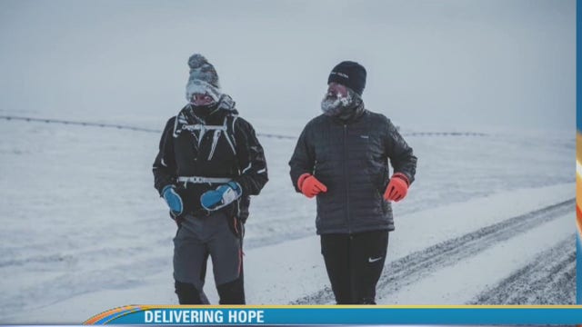 Kevin the Ice Warrior, carrying the names of almost 2,000 childhood cancer fighters in his backpack