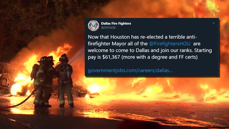 Dallas Fire Fighters Association tries to recruit Houston firefighters with tweet.