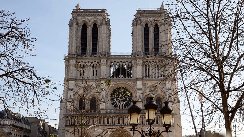 The facade of Notre Dame Cathedral is seen during restoration work more than eight months after the fire that ravaged the emblematic monument on Dec. 18, 2019 in Paris, France. (Photo by Chesnot/Getty Images)