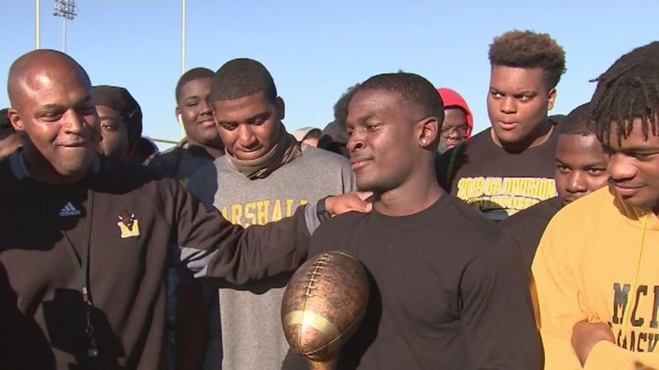 The Greater Houston Honda High School Player of the Year Award goes to Fort Bend Marshall Running Back Devon Achane.