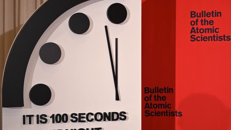 The Doomsday Clock reads 100 seconds to midnight, a decision made by The Bulletin of Atomic Scientists, during an announcement at the National Press Club in Washington, DC on January 23, 2020. (Photo by EVA HAMBACH/AFP via Getty Images)