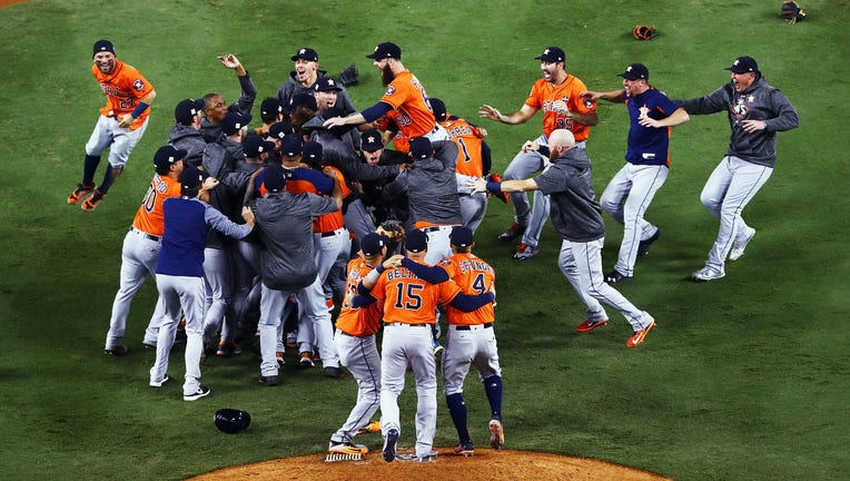 LOS ANGELES, CA - NOVEMBER 01: The Houston Astros celebrate defeating the Los Angeles Dodgers 5-1 in game seven to win the 2017 World Series at Dodger Stadium on November 1, 2017 in Los Angeles, California. (Photo by Tim Bradbury/Getty Images)