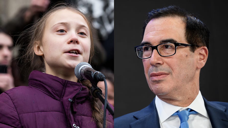 Swedish climate activist Greta Thunberg speaks to participants at a climate change protest on Jan. 17, 2020 in Lausanne, Switzerland, alongside U.S. Treasury Secretary Steven Mnuchin attending a session at the Congress center during the World Economic Forum annual meeting in Davos, on Jan. 21, 2020. (Photos by FABRICE COFFRINI/AFP & Ronald Patrick via Getty Images)