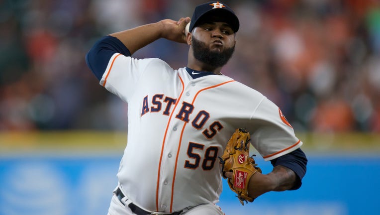 Houston Astros relief pitcher Francis Martes (58) delivers the pitch in the eighth inning of a MLB game between the Houston Astros and the Arizona Diamondbacks at Minute Maid Park, Thursday, August 17, 2017. Arizona Diamondbacks defeated Houston Astros 4-0.