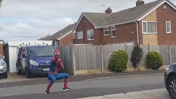 'Friendly neighborhood Spider-Man' entertains children while jogging amid COVID-19 pandemic
