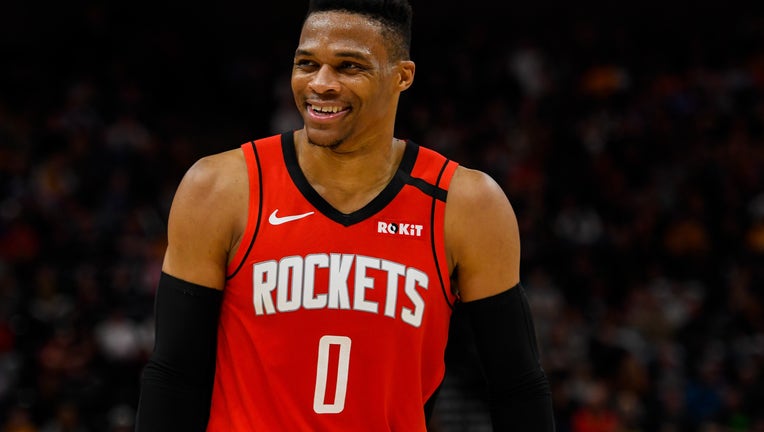 Russell Westbrook #0 of the Houston Rockets looks on during a game against the Utah Jazz at Vivint Smart Home Arena on February 22, 2020 in Salt Lake City, Utah.