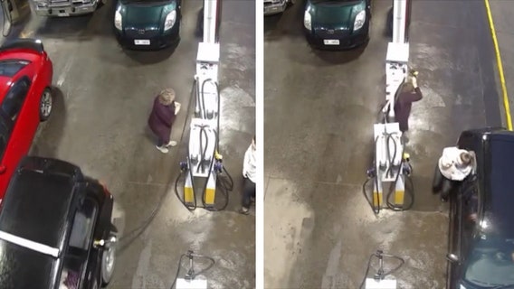 Woman nearly hit when car drives away from pump with gas nozzle still attached