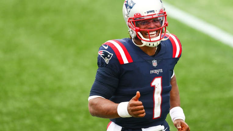 Cam Newton #1 of the New England Patriots reacts after a win over the Las Vegas Raiders at Gillette Stadium on September 27, 2020 in Foxborough, Massachusetts. 