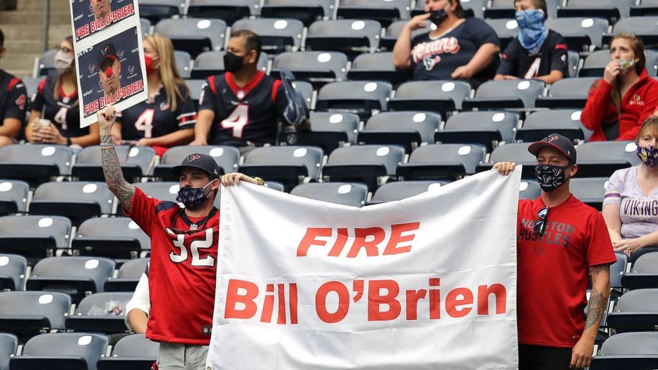 Houston Texans fans show there displeasure with head coach Bill O'Brien of the Houston Texans at NRG Stadium on October 04, 2020 in Houston, Texas.