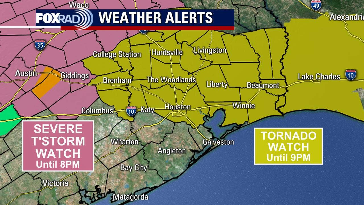 Tornado watch for several Houston-area counties until 9 p.m. Friday