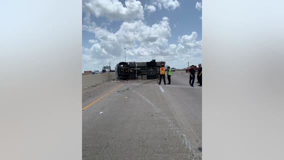 Heavy truck that rolled over on I-610 North Loop E with hazmat spill has several lanes blocked