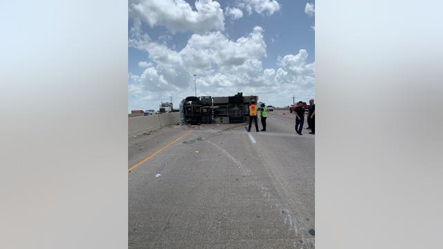 Heavy truck that rolled over on I-610 North Loop E with hazmat spill has several lanes blocked