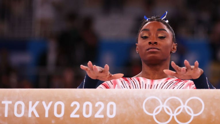 TOKYO, JAPAN - AUGUST 03: Simone Biles of Team United States competes in the Women's Balance Beam Final on day eleven of the Tokyo 2020 Olympic Games at Ariake Gymnastics Centre on August 03, 2021 in Tokyo, Japan.