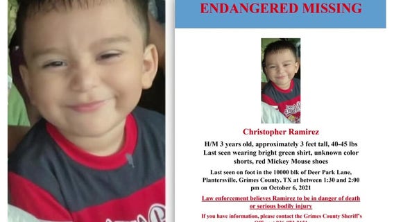 Search for missing 3-year-old boy in Grimes County enters third day