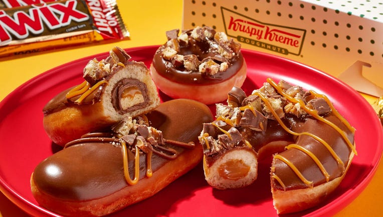 Krispy Kreme and Twix candy inspired donut