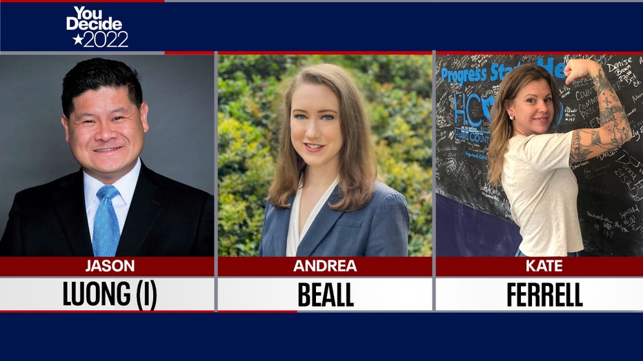 Harris County 185th Criminal District Court Judge: incumbent Jason Luong and challengers Andrea Beall and Kate Ferrell.