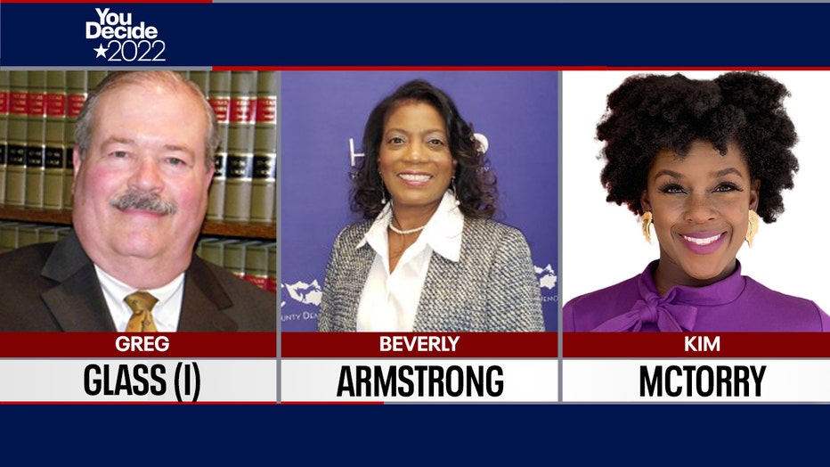 Harris County 208th Criminal District Court Judge: incumbent Greg Glass and challengers Beverly Armstrong and Kim McTorry.
