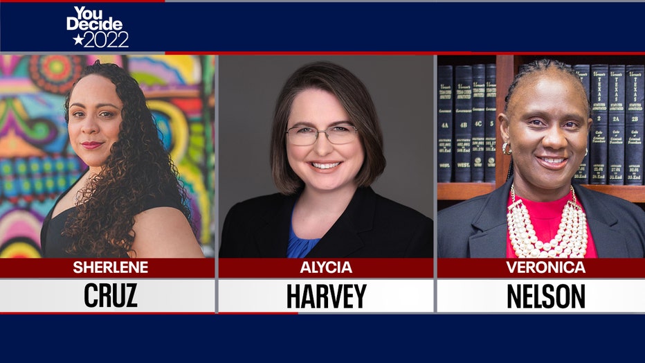 Harris County 482nd Criminal District Court Judge: Democratic challengers Sherlene Cruz, Alycia Harvey and Veronica Nelson.