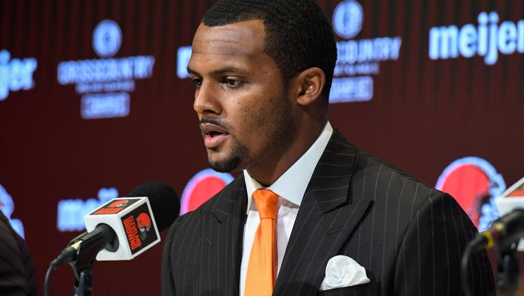 Quarterback Deshaun Watson of the Cleveland Browns speaks during a press conference at CrossCountry Mortgage Campus on March 25, 2022 in Berea, Ohio. (Photo by Nick Cammett/Getty Images)