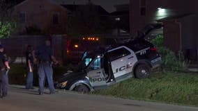 Houston PD patrol car crashes into ditch during chase with stolen truck
