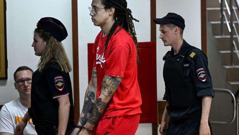 WNBA basketball superstar Brittney Griner arrives to a hearing at the Khimki Court, outside Moscow on July 7, 2022.