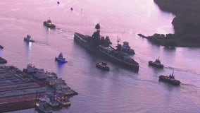 Battleship Texas moves from San Jacinto Battleship Site to Galveston for extensive renovations