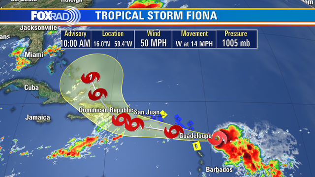 Tropical Storm Fiona continues to trek west into the Caribbean