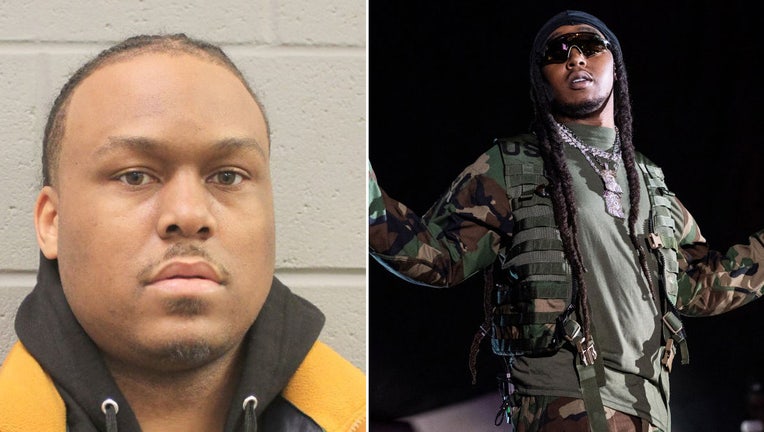 Patrick Xavier Clark, left, charged with the murder of Migos rapper Takeoff, right.