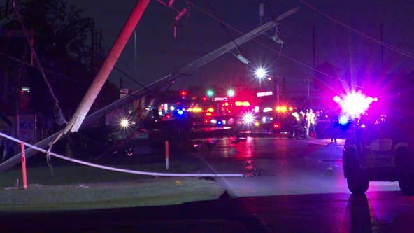 Power lines topple during crash, trapping cars and shutting down road