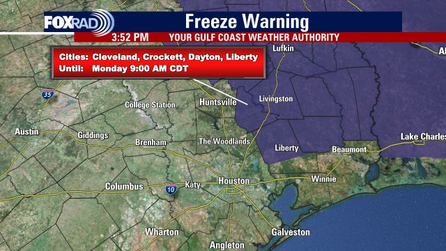 Houston weather: Freeze Warning issued for areas northeast of Houston on Monday