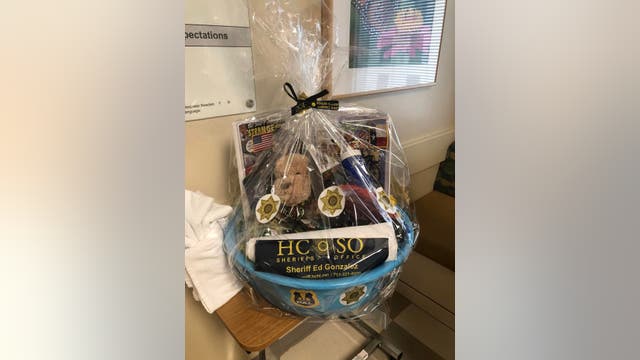 Harris County officials drop off gifts for child fighting leukemia