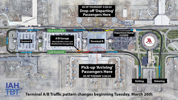 Houston Bush Airport Terminal B departures, arrivals map for temporary changes