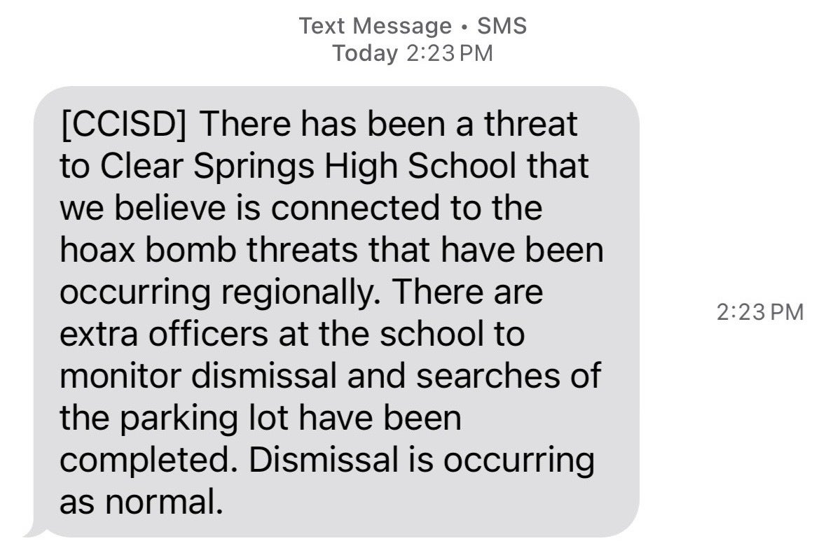 Clear Springs High School parents claim to have received 'confusing' text about possible school shooter threat