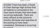 Clear Springs High School parents claim to have received 'confusing' text about possible school shooter threat