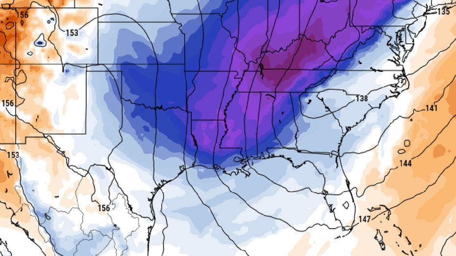 The blues and purples in this weather model image show colder temperatures that expected about Jan. 15, 2026.